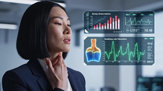 Woman Suffering From Throat Problem During Business Meeting Showing Holographic Medical Data with Futuristic Charts and Diagrams in Office Setting