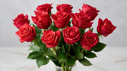 Obraz premium Beautiful bouquet of fresh red roses arranged elegantly in a clear glass vase on a marble surface with a soft grey background for romantic occasions