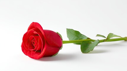 Single Red Rose Lying on White Surface with Green Leaves and Natural Texture Representing Love, Romance, and Beauty in Simple Elegance