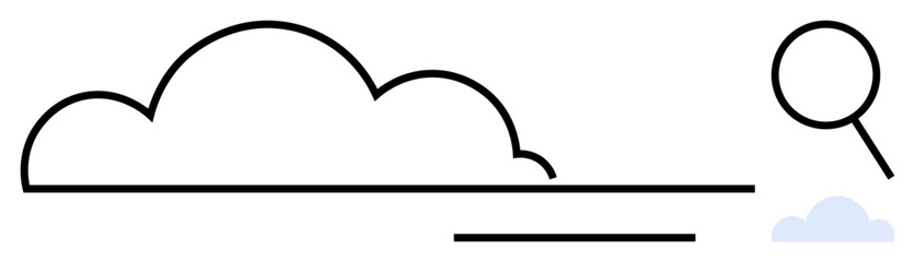 Minimalist cloud outline with magnifying glass hovering nearby. Ideal for cloud computing, data analysis, research, online storage, information retrieval, search tools, and technology innovation. A