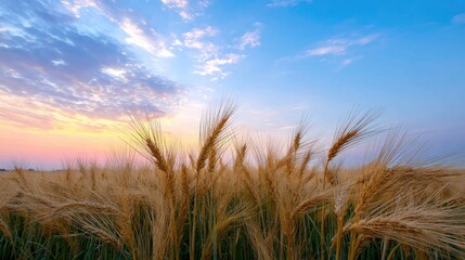 Obraz premium Golden Wheat Field Under a Colorful Sunset Sky with Beautiful Clouds and Vibrant Colors in a Peaceful Rural Landscape