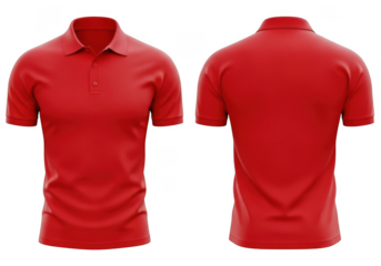 Front and back view of a plain red short sleeved polo shirt isolated on transparent background