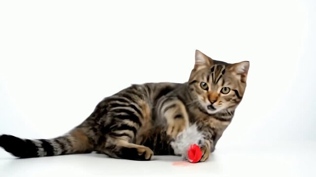 Adorable tabby cat playing with a toy mouse on a white background. Playful domestic kitten having fun in a studio setting.
