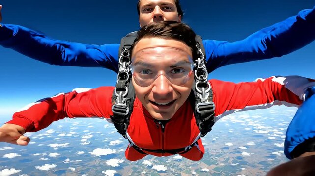 Thrilling point of view of an excited man tandem skydiving during a freefall adventure