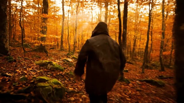 A mysterious hooded figure running frantically through a beautiful sunlit autumn forest