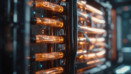 Close-up of glowing, orange tubes within a dark, futuristic, metallic computer or server chassis