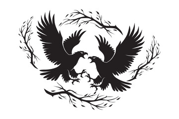 Black silhouette vector illustration of two eagles facing each other with spread wings, framed by tree branches in a dramatic symmetrical composition, isolated on white background.