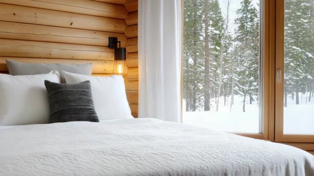 Cozy bedroom log cabin bed pillow white bedding with warm lamp glow and snowy forest view