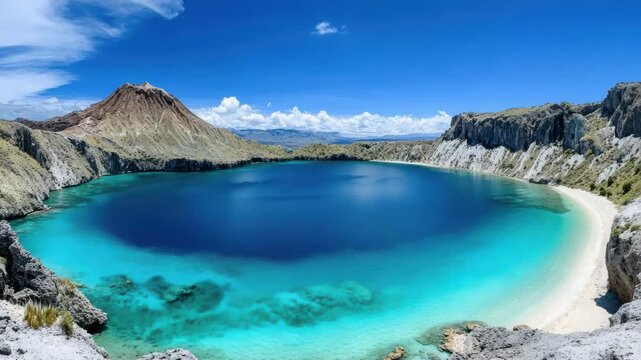 Turquoise crater lake volcanic lake panoramic sandy beach cliff mountain under clear bright sky