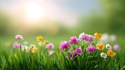 Fototapeta premium Vibrant Blossoms in a Green Meadow Under a Soft Sunrise Glow Capturing the Essence of Spring's Natural Beauty and Serenity in Blooming Flowers