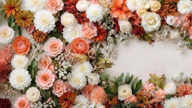 Peach white floral frame with soft romantic motion and warm cream rose border creating inviting