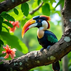 Obraz premium A hornbill perched on a thick tree branch, dense jungle canopy in the background, sunlight highlighting its colorful beak, hyper-realistic details