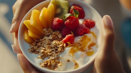 A Close-Up of a Woman's Hands Holding a Bowl of Healthy Fruit Yogurt