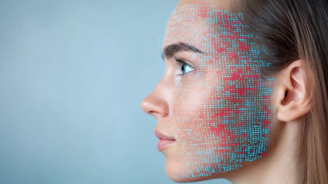 Young woman profile face with biometric digital overlay conveying futuristic facial data profile