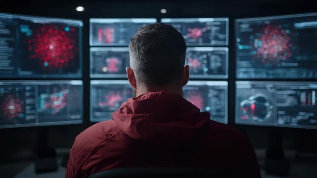Man in red jacket back view monitoring data dashboard and computer screen network maps wall