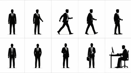 Collection of Businessman Silhouettes in Various Poses and Actions.
