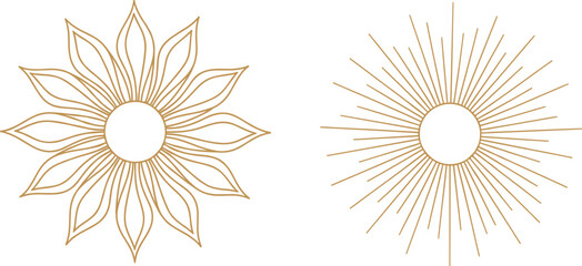 Bohemian Celestial Golden Sunburst and Floral Line Art Icons Vector Set for Mystic Astrology and Decorative Graphic Design.