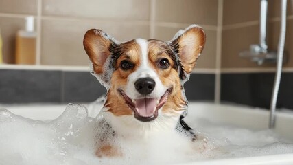 Corgi dog bathtub bubble foam pet enjoying bubbly bath playful expression happy corgi sitting