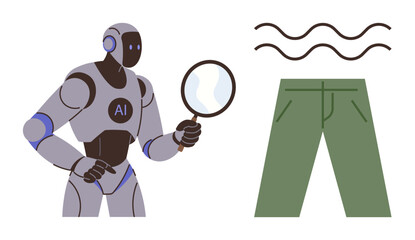 Robot with AI examines trousers using a magnifying glass, emphasizing technological precision. Ideal for quality control, innovation, fashion tech, data accuracy, automation, industry 4.0 simple