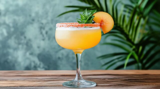 Peach cocktail in coupe glass with froth, mint garnish and salted rim for bright summer vibe