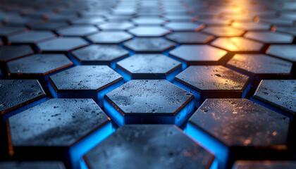 Close-up view of a futuristic metallic hexagonal surface with glowing blue light emanating from the gaps between the hexagons.