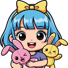 Cute Anime Style Cartoon Girl with Blue Hair and Yellow Bow Hugging Adorable Pink and Yellow Plush Bunny Toys.