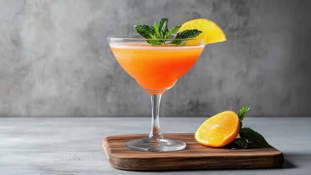 Bright orange cocktail with mint and citrus slice in glass on wooden board. refreshing summer drink