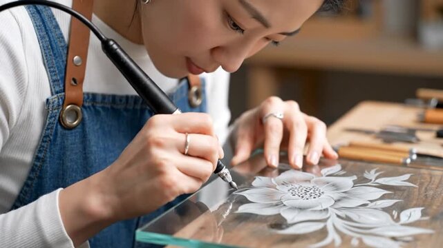 Dedicated artist engraving detailed floral designs onto glass with precision tool