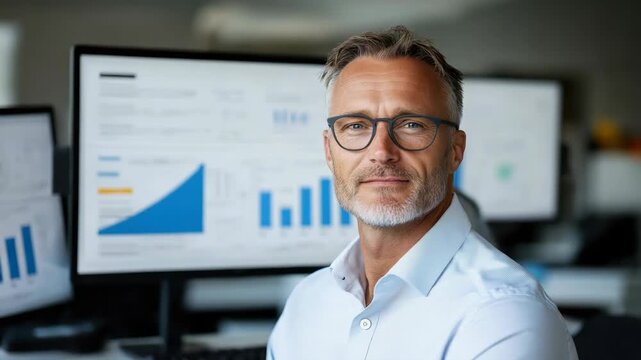 Middle aged businessman office with glasses confident smile charts analytics and professional