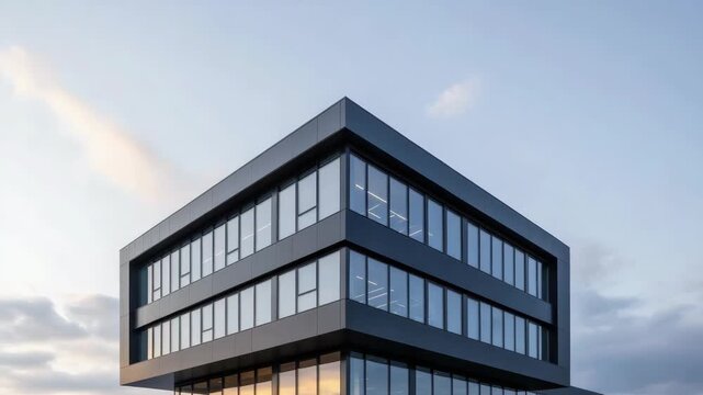 Modern office building with glass facade minimalist geometric lines layered facades soft evening