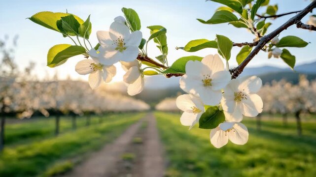 White apple blossom branch sunny orchard over sunlit pathway evoking calm spring morning warmth