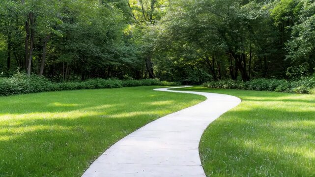 Winding concrete path through green lawn grass with trees and forest sunlit foliage peaceful