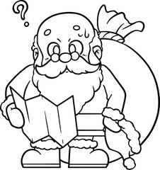 Lost Santa Claus Cartoon Outline Coloring Page for Kids, Cute Chibi Christmas Printable Vector