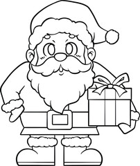 Cute Chibi Santa Claus Holding Gift Box Outline Coloring Page, Christmas Printable Vector Illustration