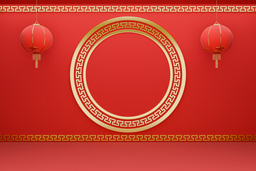 Chinese new year red podium display background 3D render