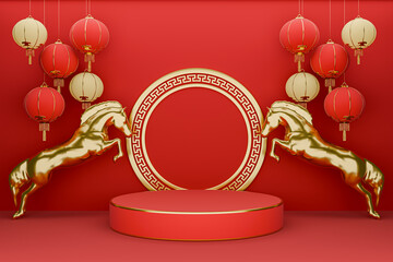 Chinese new year red podium display background 3D render