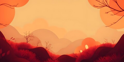 Minimalist Fantasy Landscape in Warm Sunset Colors - A modern flat illustration showing a fantasy landscape at sunset with soft gradients, red grass, and stylized hills.