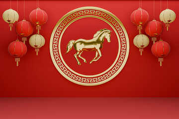 Chinese new year red podium display background 3D render