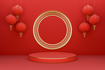 Chinese new year red podium display background 3D render