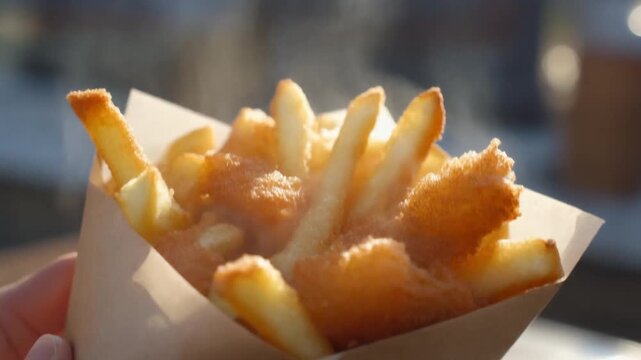 Close-up of crispy fish and chips being served in paper wrap, steam rising, golden texture, coastal street food atmosphere, natural daylight