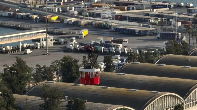 day time barcelona city famous dock bay funicular aerial panorama 4k spain