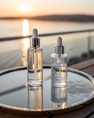Obraz premium Two glass dropper bottles with clear serum or cosmetic liquid resting on a reflective silver tray outdoors during a golden sunset over water