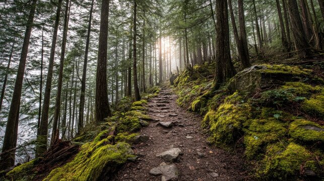 Tall, dense conifer trees border a rugged uphill trail covered in vibrant green moss.