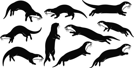 Set of Nine Otter Silhouette Poses, Cute and Playful Semi-Aquatic Mammals, Wildlife Animal Black Graphic Vector Collection for Nature and Conservation