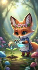 Naklejka premium Adorable young mammal wearing a floral crown nurtures a glowing plant with a potion in a magical woodland setting