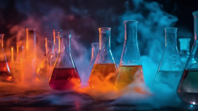 Row after row, Erlenmeyer flasks glow with vibrant liquids as orange-blue smoke swirls around softly