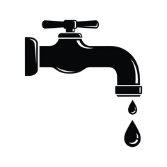 Dripping water faucet icon, black silhouette symbolizing water conservation and leak