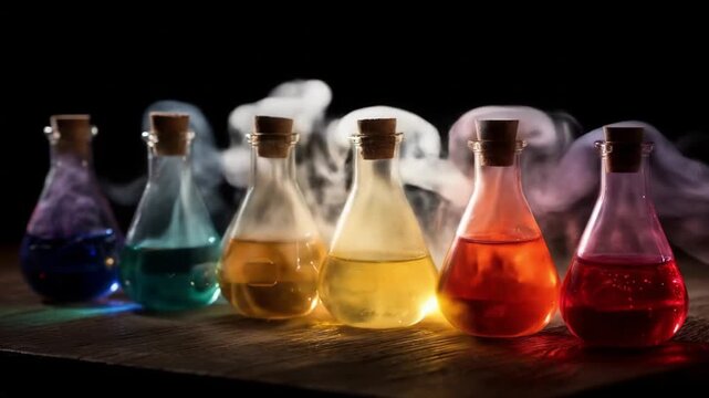 Row of glass flasks containing glowing colored liquids on a dark wooden table softly lit, vivid hues