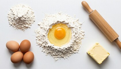 Fresh baking ingredients flat lay with flour eggs butter and a rolling pin on a white surface.