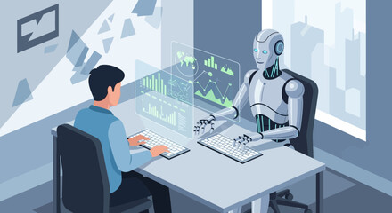 futuristic robot conducting interview with human in modern office setting with digital analytics